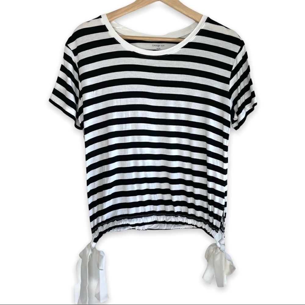 Striped Bow Tie Hem Round Neck T Shirt